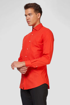 Man wearing red dress shirt
