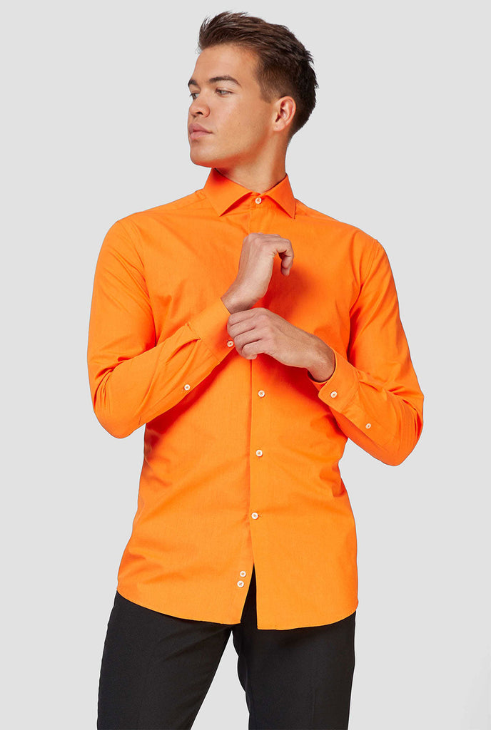 Man wearing orange dress shirt