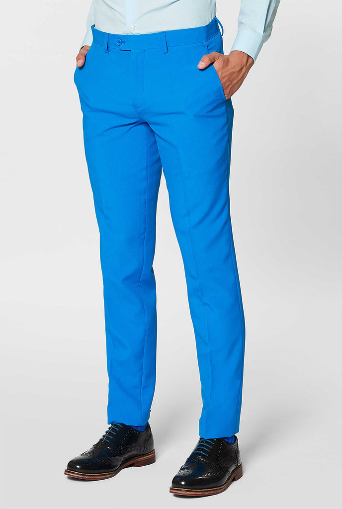 Man wearing blue men's suit