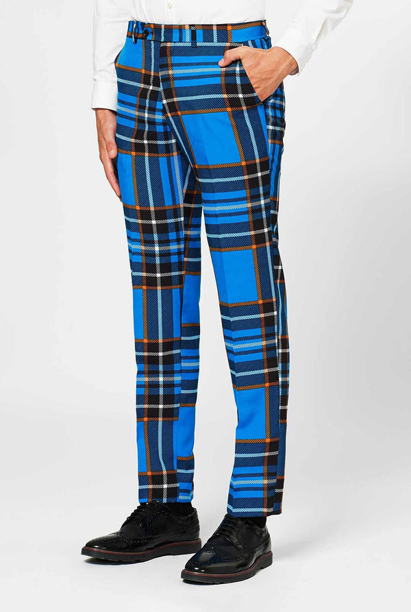 Man wearing blue tartan men's suit 