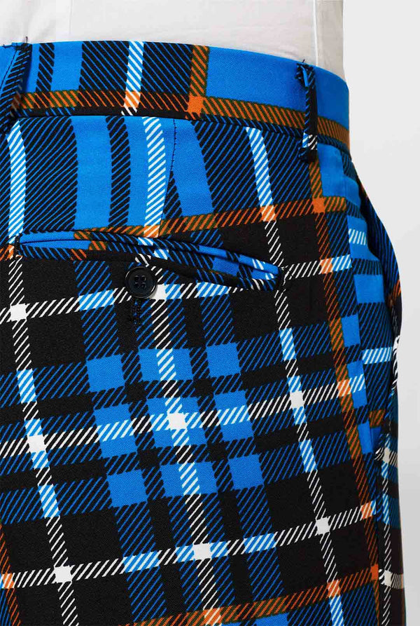 Man wearing blue tartan men's suit 