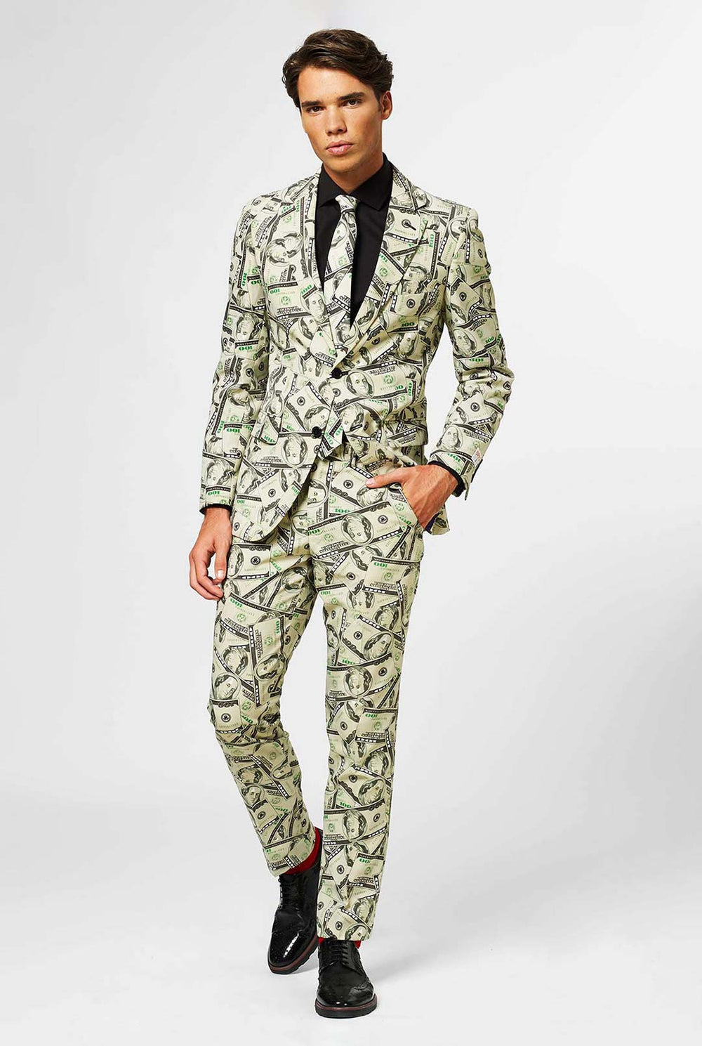 Man wearing men's suit with dollar, money print