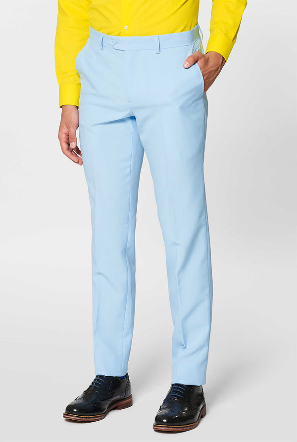 Man wearing light blue men's suit and yellow dress shirt