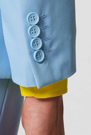 Man wearing light blue men's suit and yellow dress shirt