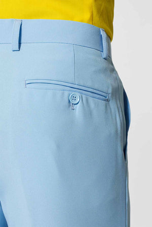 Man wearing light blue men's suit and yellow dress shirt