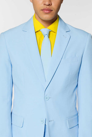 Man wearing light blue men's suit and yellow dress shirt