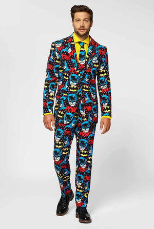 Batman themed men's suit with comic book icons worn by man