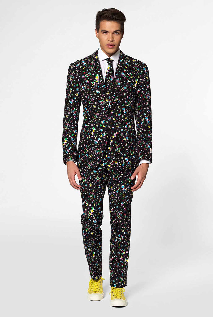Funny Carnaval suit Disco Dude worn by man looking inside jacket