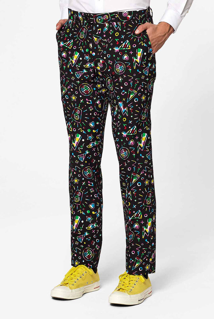 Funny Carnaval suit Disco Dude worn by man looking inside jacket