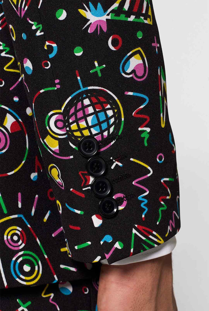 Funny Carnaval suit Disco Dude worn by man looking inside jacket