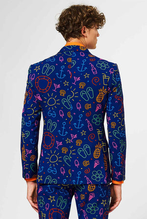 Dark blue men's suit with bright doodle iconography worn by man