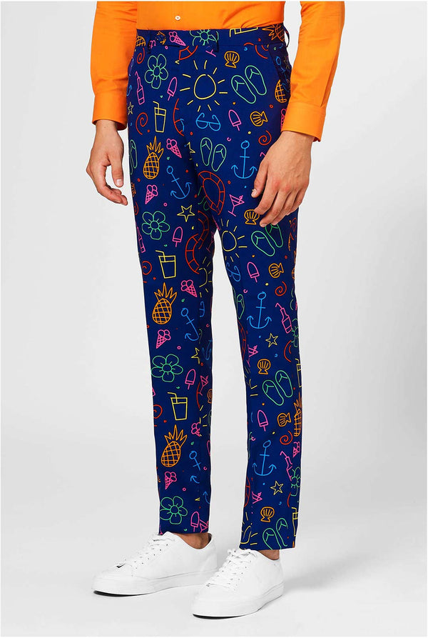 Dark blue men's suit with bright doodle iconography worn by man