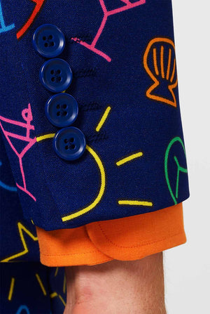 Dark blue men's suit with bright doodle iconography worn by man