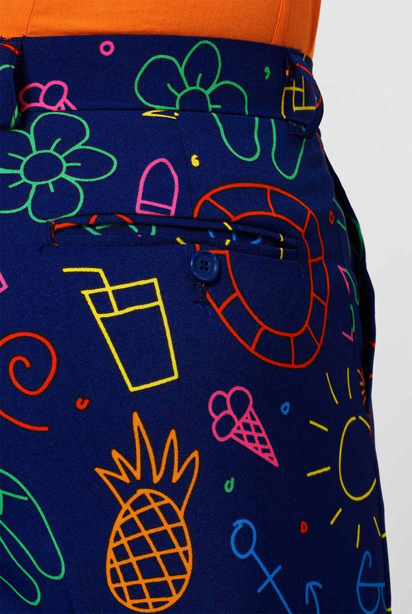Dark blue men's suit with bright doodle iconography worn by man