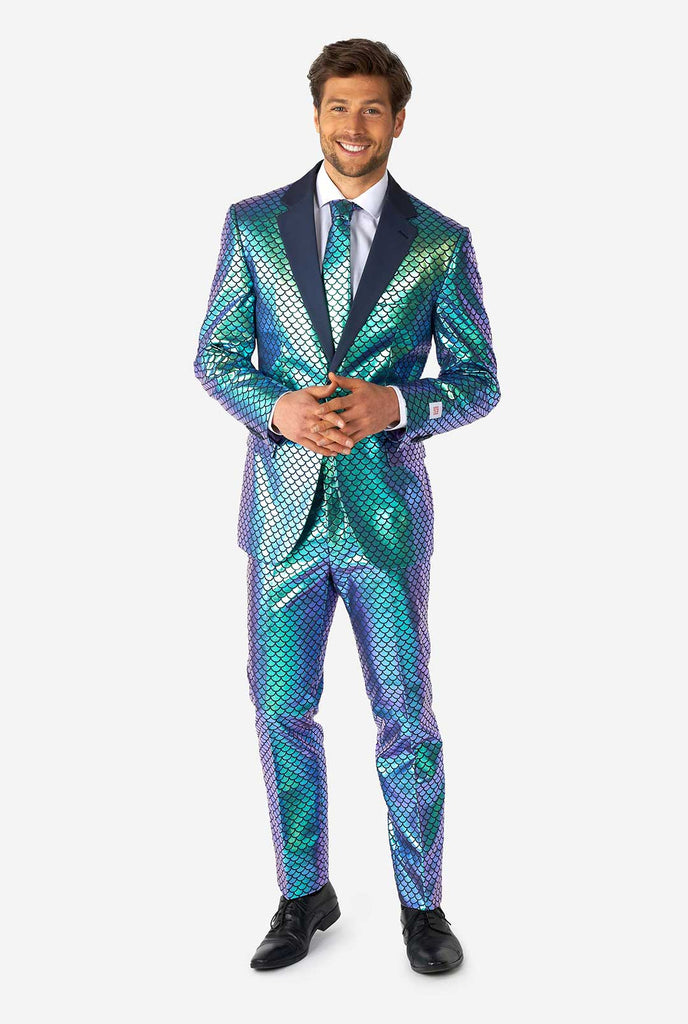 Man wearing blue fish scale motive suit
