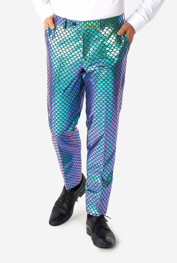 Man wearing blue fish scale motive suit