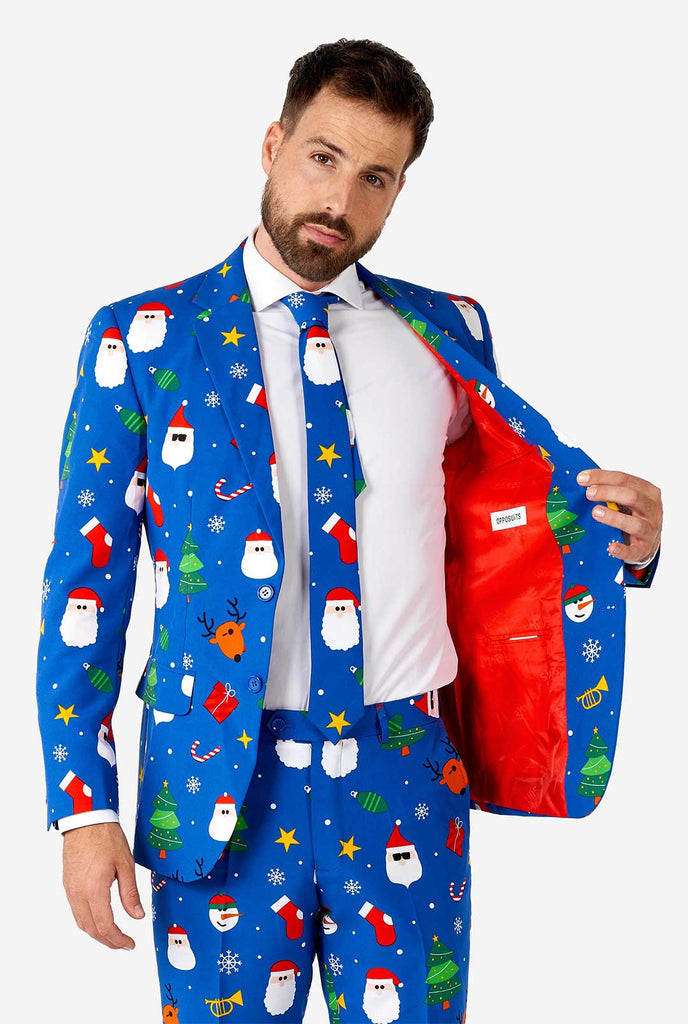 Man wearing blue Christmas suit