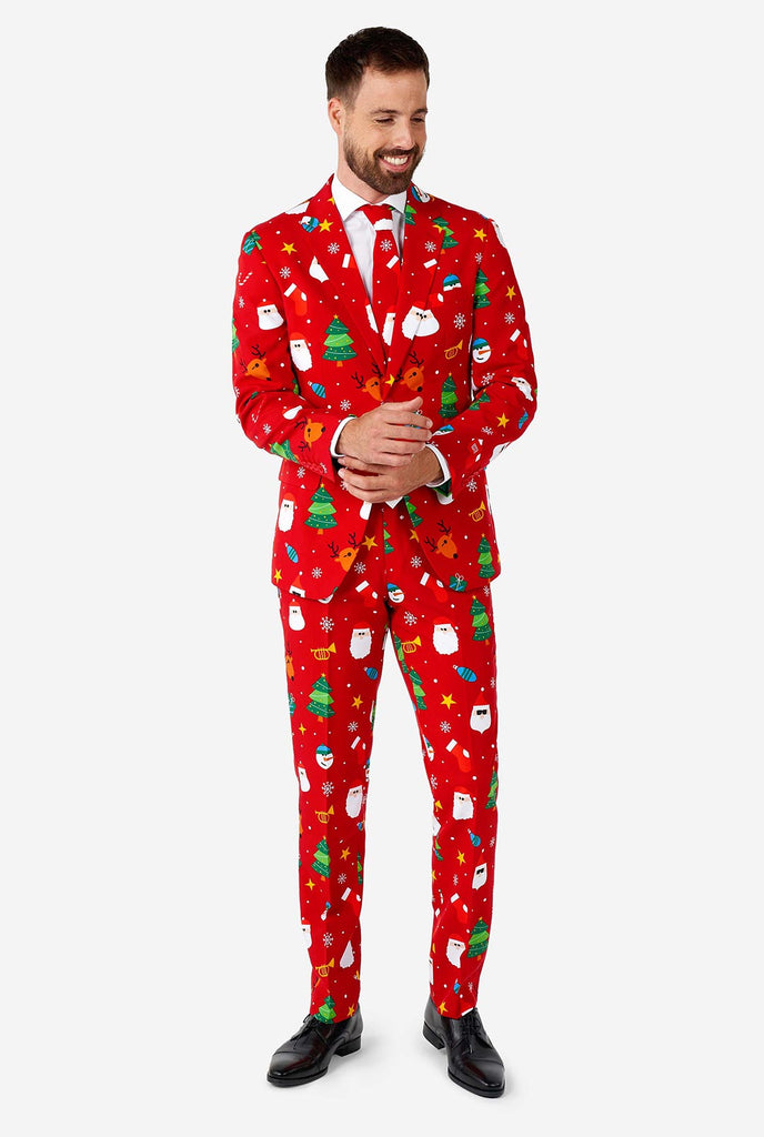 Man wearing red Christmas suit