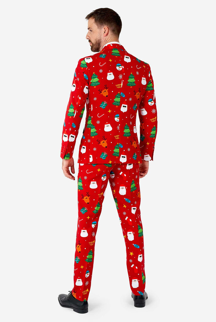 Man wearing red Christmas suit