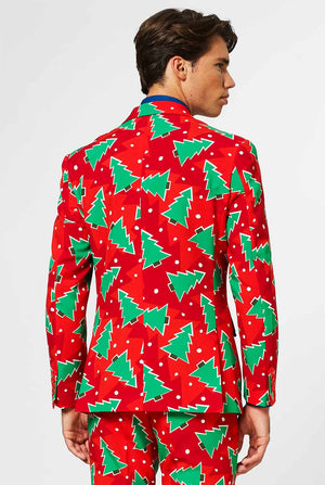 Red Christmas men's suit with pine tree print worn by man