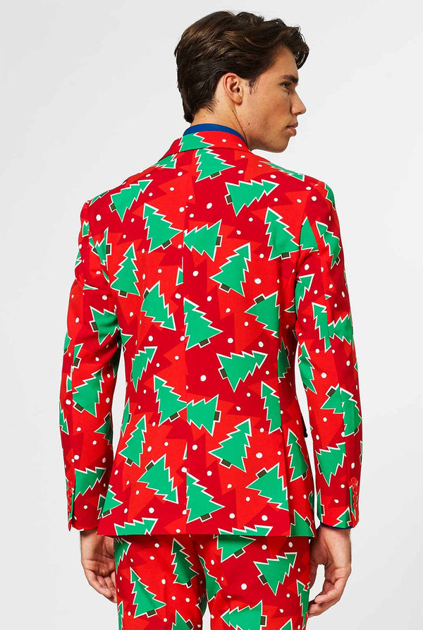 Red Christmas men's suit with pine tree print worn by man