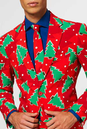 Red Christmas men's suit with pine tree print worn by man