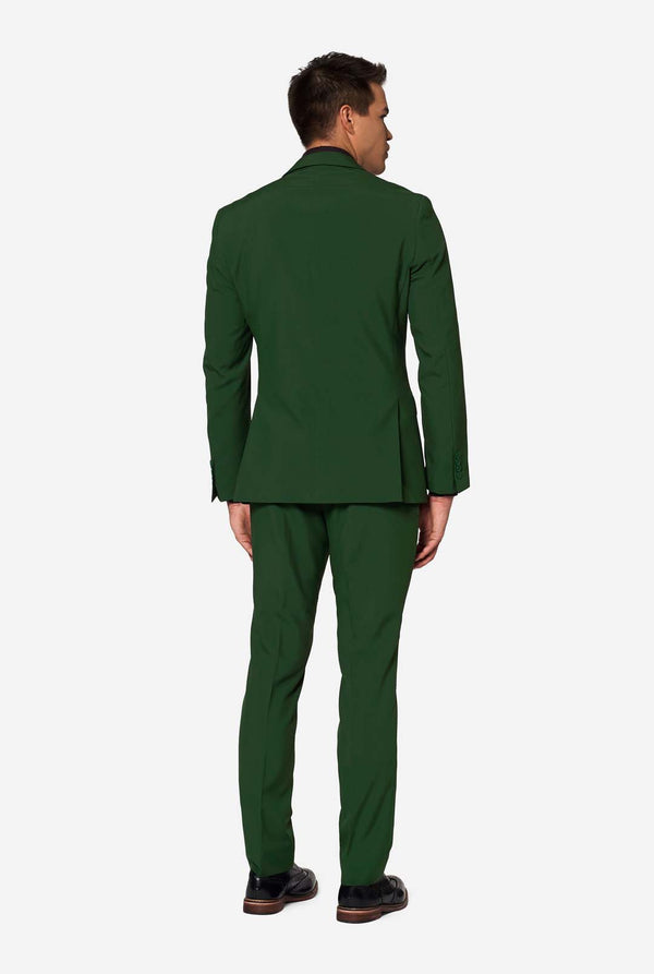 Back view of OppoSuits Glorious Green men’s suit highlighting tailored fit — contemporary green suit for weddings and events.