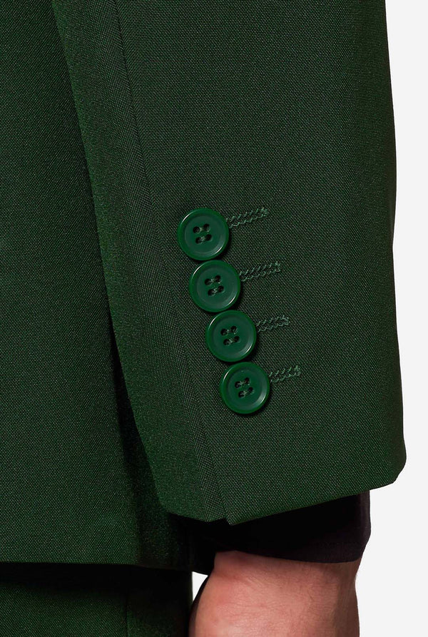 Detail shot of green suit jacket sleeve with four matching buttons — OppoSuits Glorious Green men’s blazer craftsmanship.