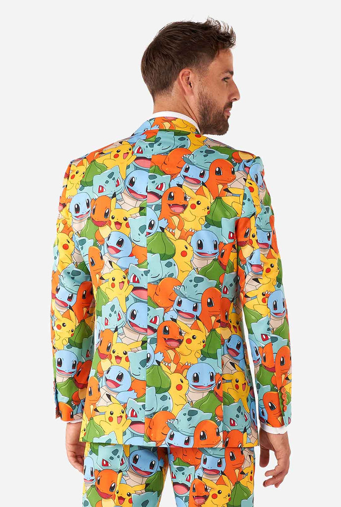 Man wearing suit with Pokémon, Pikachu print