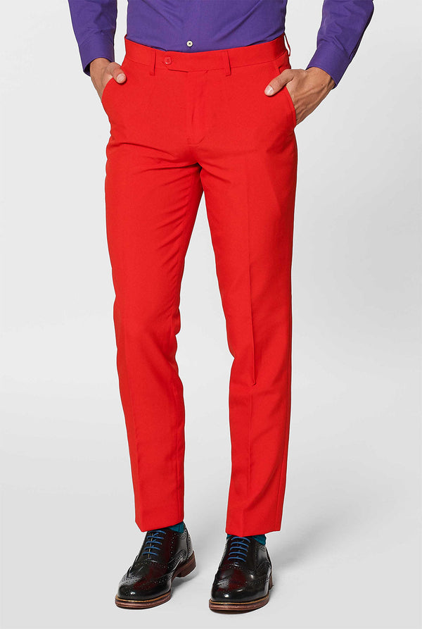 Man wearing red men's suit with purple dress shirt 