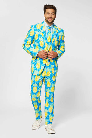 Pineapple print men's suit with bright colors by man close up