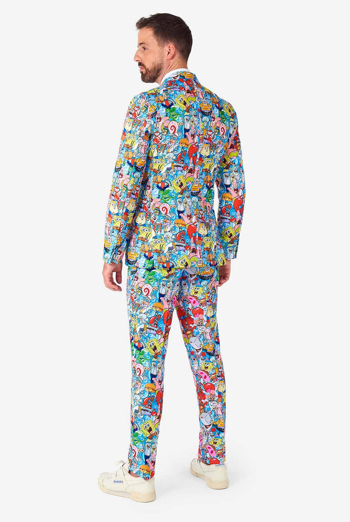 Man wearing men's suit with SpongeBob print 