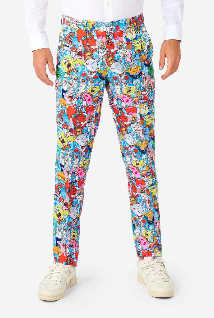 Man wearing men's suit with SpongeBob print 