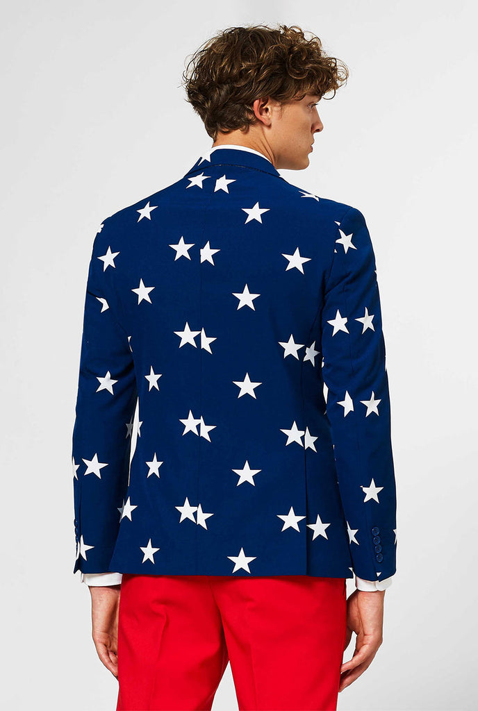 Man wearing red and blue USA themed suit for 4th of July