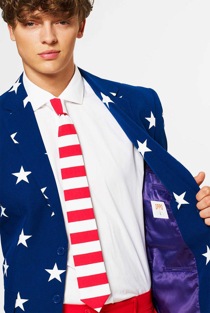 Man wearing red and blue USA themed suit for 4th of July