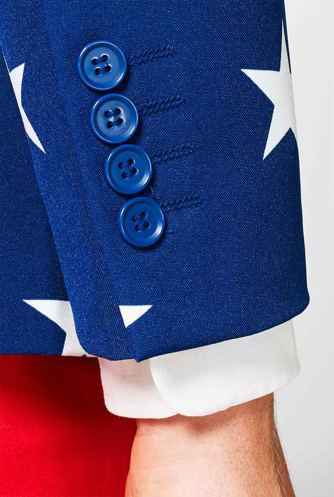Man wearing red and blue USA themed suit for 4th of July