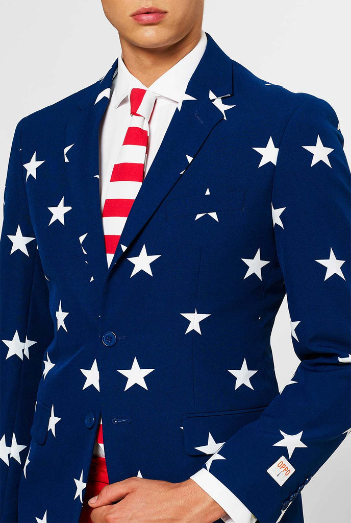 Man wearing red and blue USA themed suit for 4th of July