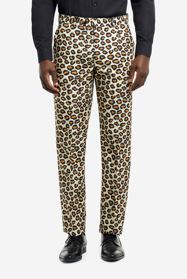 Image of a man wearing an OppoSuits The Jag men's suit with panther print and black men's shirt. Suit consist of pants, jacket and tie.