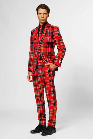 Man wearing red Christmas tartan men's suit