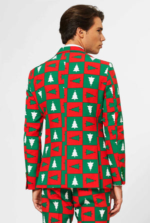 Man wearing red and green Christmas suit