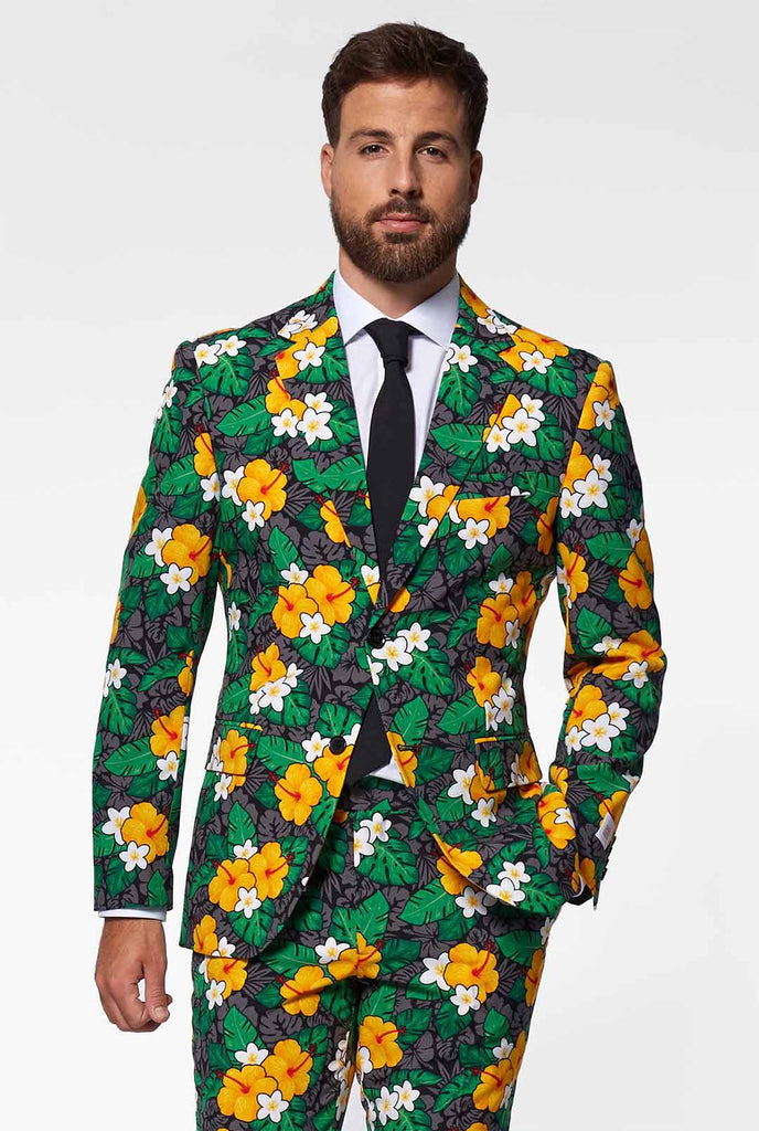 Man wearing men's suit with flower print