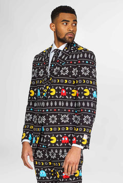 Pac-Man suit with Christmas theme worn by man