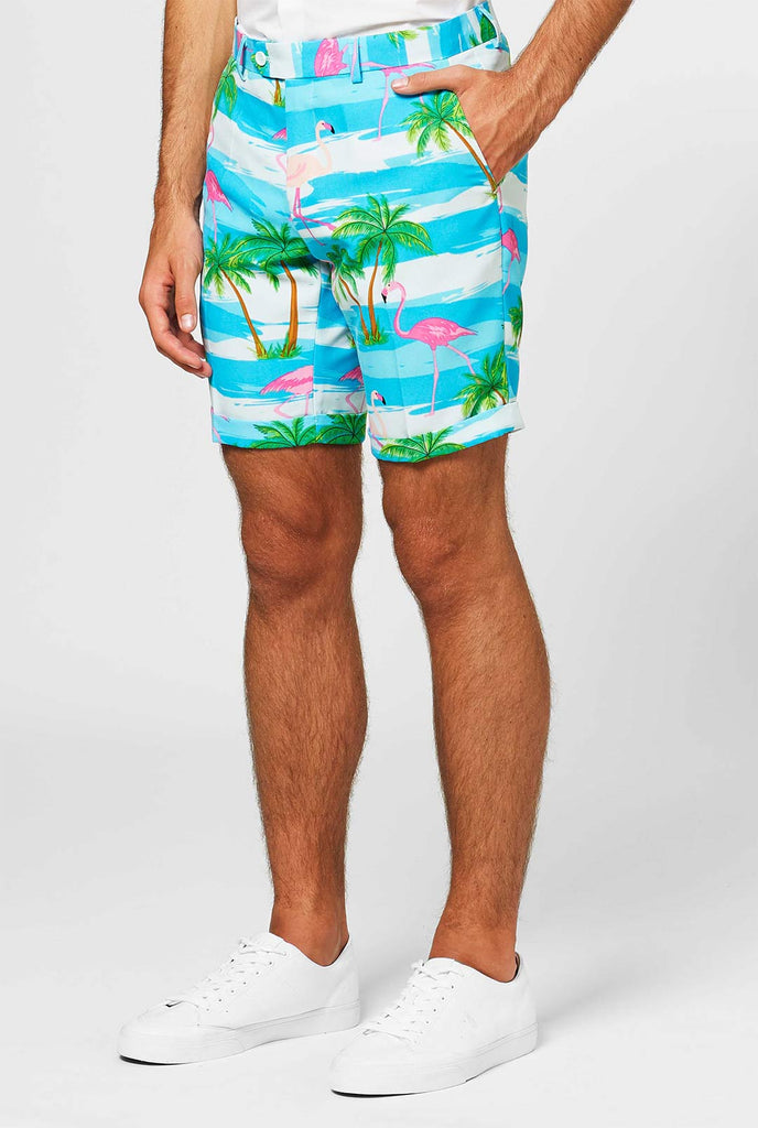 Man wearing summer suit with tropical flamingo print