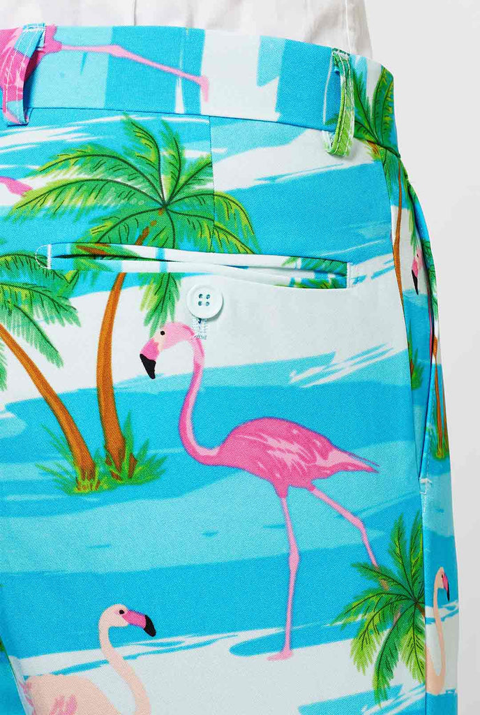 Man wearing summer suit with tropical flamingo print
