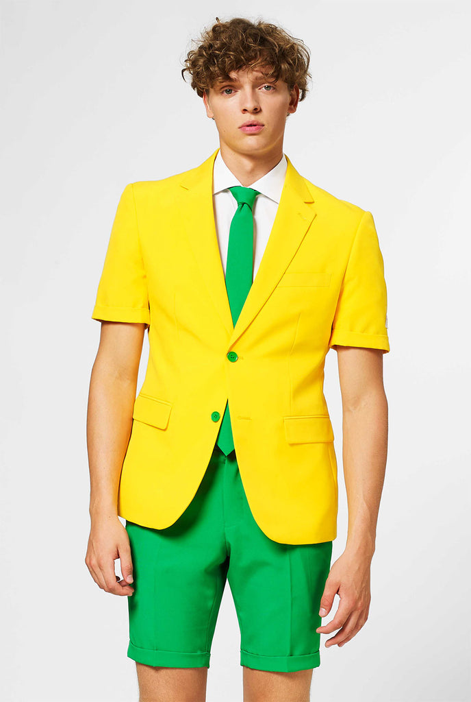 Man wearing green and yellow summer suit