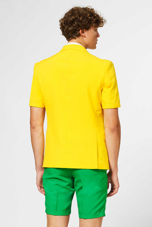 Man wearing green and yellow summer suit