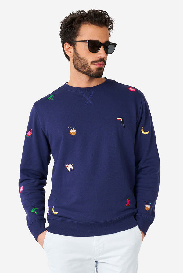 Man wearing blue sweater with summer icons