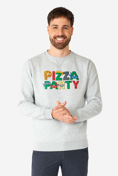 Man wearing grey Pizza Party quote sweater