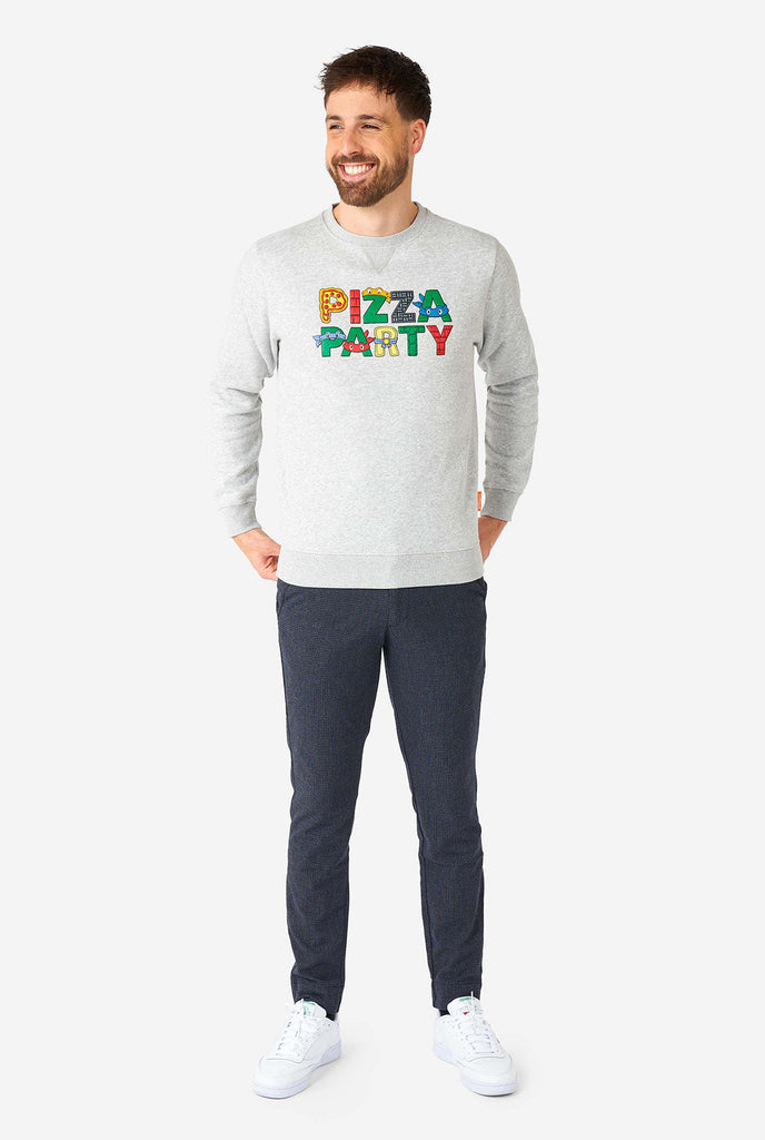 Man wearing grey Pizza Party quote sweater