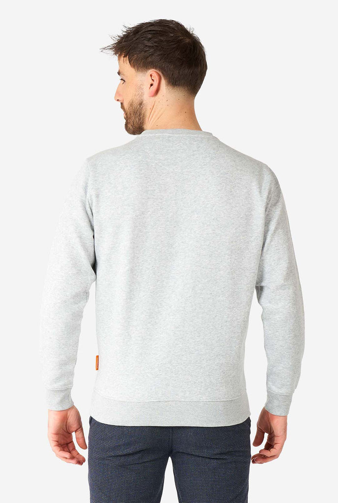 Man wearing grey Pizza Party quote sweater